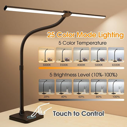 ShineTech LED Desk Lamp for Home Office, 24W Double Head Desk Light with Wireless Charging, USB Port, 25 Lighting Modes Adjustable Lamps