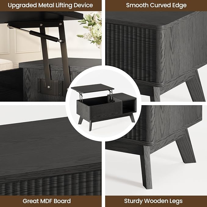 Wood Lift Top Coffee Table with Hidden Compartment and Large Storage Shelf, Lift Tabletop Dining Center Table for Home Living Room Office,Black