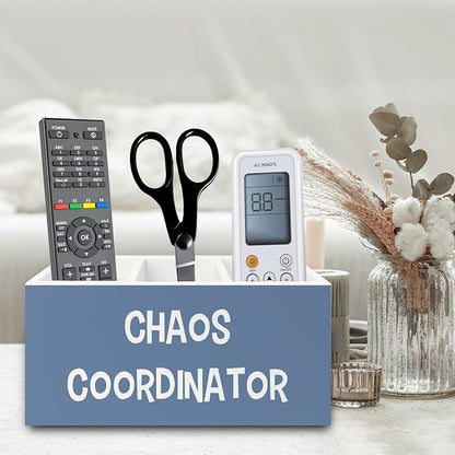 Chaos Coordinator Blue Pen Pencil Holder Organizer for Desk, Thank You Gifts for Women Men Coworkers Boss Leader Manager, Appreciation Gifts Wooden Box Sign for Office Tabletop Decorations