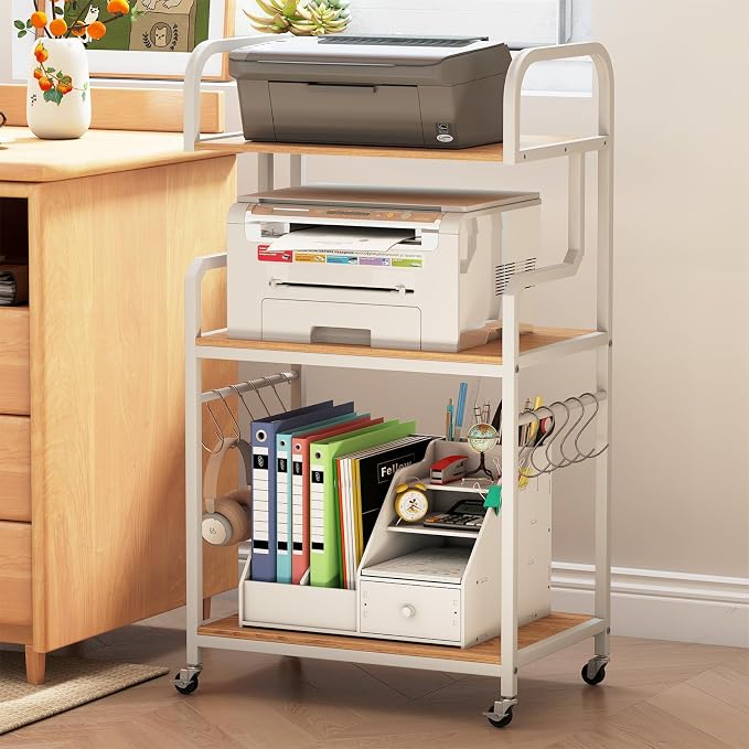 GOFLAME 3-Tier Mobile Printer Stand, Rolling Printer Table with Storage Shelves, 10 S-Shaped Hooks, Lockable Wheels, Home Office Rolling Cart for Shredder, Scanner, Fax (Natural + White)