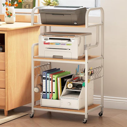 GOFLAME 3-Tier Mobile Printer Stand, Rolling Printer Table with Storage Shelves, 10 S-Shaped Hooks, Lockable Wheels, Home Office Rolling Cart for Shredder, Scanner, Fax (Natural + White)