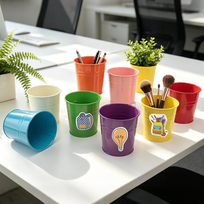 8 Pcs Colorful Metal Pen Holder, Desktop Pencil Cups with School Theme Sticker, Mini Pencil Bucket Makeup Brush Storage Organizer, Crayon Organizer for Classroom Office Home Stationery Supply