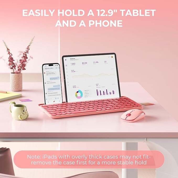 seenda Bluetooth Keyboard and Mouse for iPad, CTU-301 Wireless Multi-Device Connection Bluetooth+2.4G Keyboard Mouse Combo with Tablet Holder for iPad/MacBook/Windows, iOS/Android/Phone, Coral Pink
