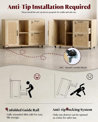 HOPUBUY 2 Drawer File Cabinet with Lock, Large Rattan Filing Cabinets with Door & Open Shelves,Wide Wood Rolling Office Storage Cabinet on Wheels for Home, Natural