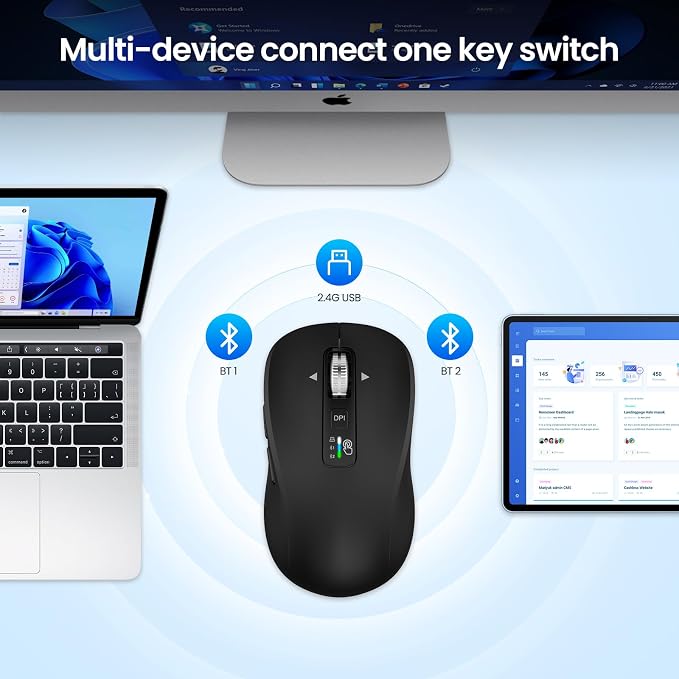 Wireless Bluetooth Mouse, 3-Device Multi-Mode (USB + 2 Bluetooth), 4-Way Metal Scroll Wheel, Adjustable DPI, Silent Click, Long Battery Life, Ergonomic Mouse for Laptop, PC, Mac, iPad (Black, 9)
