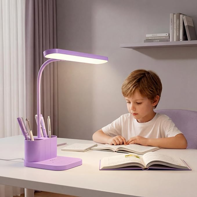 AXX Purple Desk Lamp for Home Office, Cute LED Table Light for Bedroom, College Dorm Room Kawaii Accessories for Kids Teen Girls