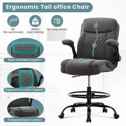 Drafting Chair Tall Office Chair for Standing Desk, Ergonomic Tall Desk Chair with Adjustable Height and Foot Ring, Flip-Up Armrests, Lumbar Support, Breathable Fabric Seat for Home Office and Studio