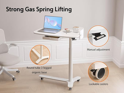 WALKINGDESK Rolling Desk Adjustable Height with Drawer and Wheels, Portable Small Standing Desk Pneumatic for Home Office, Mobile Computer Laptop Cart, Medical Sofa Overbed Table, White