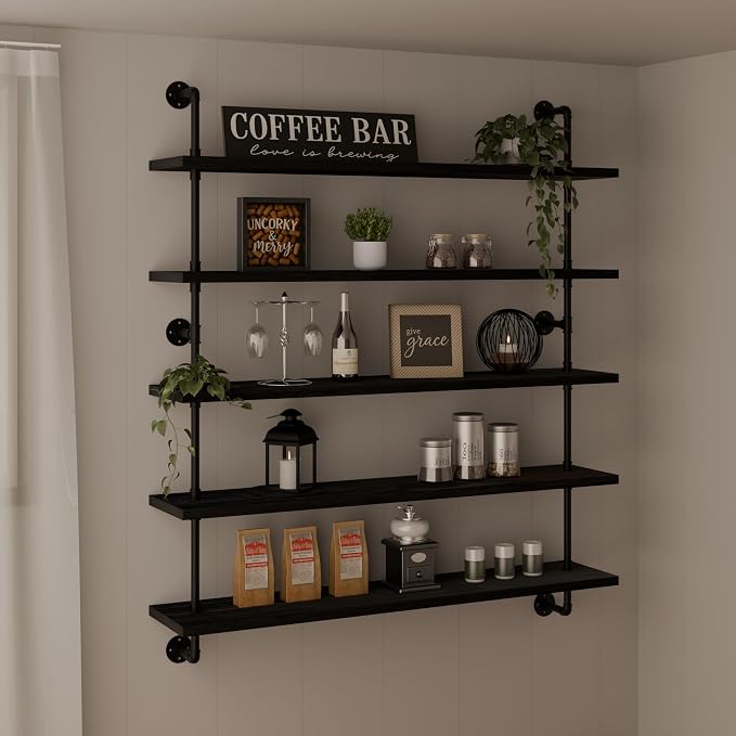 HDDFER Floating Shelves for Wall Bookshelf Industrial Pipe Shelving Shelves 48 Inch 5 Tier Natural Wood Planks Rustic Wall Shelves Hanging Bookshelves Farmhouse Kitchen Shelving Black