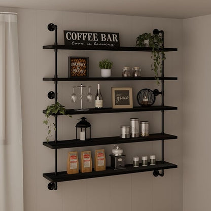 HDDFER Floating Shelves for Wall Bookshelf Industrial Pipe Shelving Shelves 48 Inch 5 Tier Natural Wood Planks Rustic Wall Shelves Hanging Bookshelves Farmhouse Kitchen Shelving Black