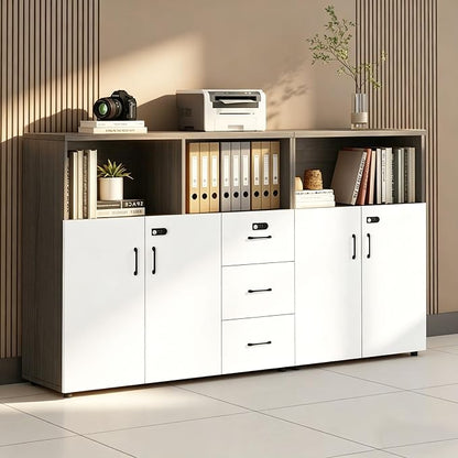 File Cabinet with Password Lock, Wood Lateral Filing Cabinet for Letter/A4 Files, 3 Drawer with Door, Printer Stand with Open Shelves for Home Office