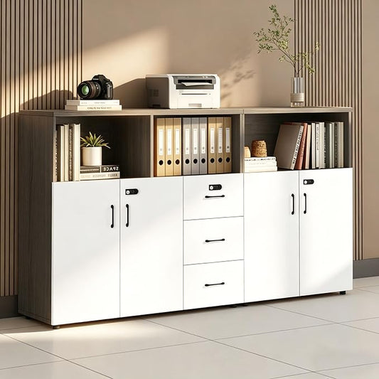 File Cabinet with Password Lock, Wood Lateral Filing Cabinet for Letter/A4 Files, 3 Drawer with Door, Printer Stand with Open Shelves for Home Office