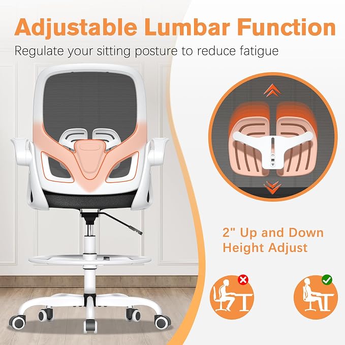 ORRSAKER Drafting Chair, Tall Office Chair with Flip-up Arms, Mesh Ergonomic Computer Standing Desk Chair with Adjustable Height Foot Ring and Lumbar Support, 300 LBS Capacity, White