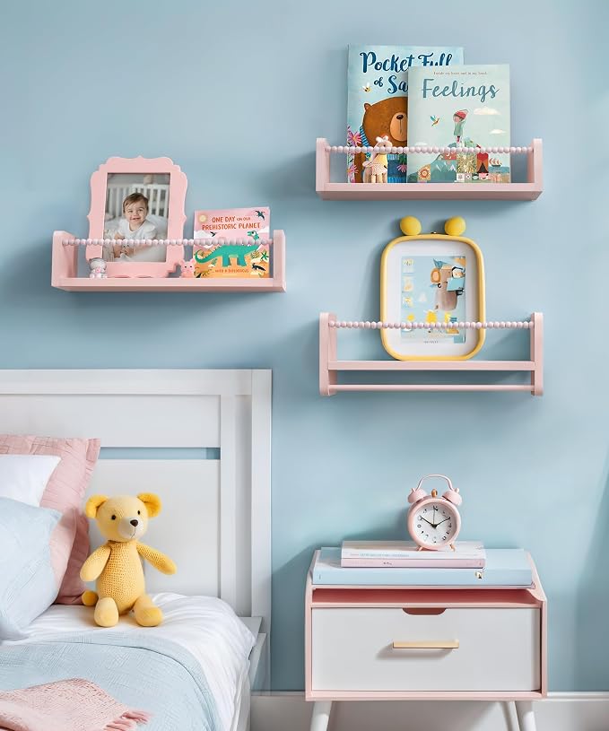 Maxpeuvon Nursery Book Shelves, Set of 3 Kids Bookshelves Natural Wood Wall Mount Organizer with Towel Bar Hanging Nursery Decor for Kids Room, Playroom, Bedroom and Kitchen, Pink