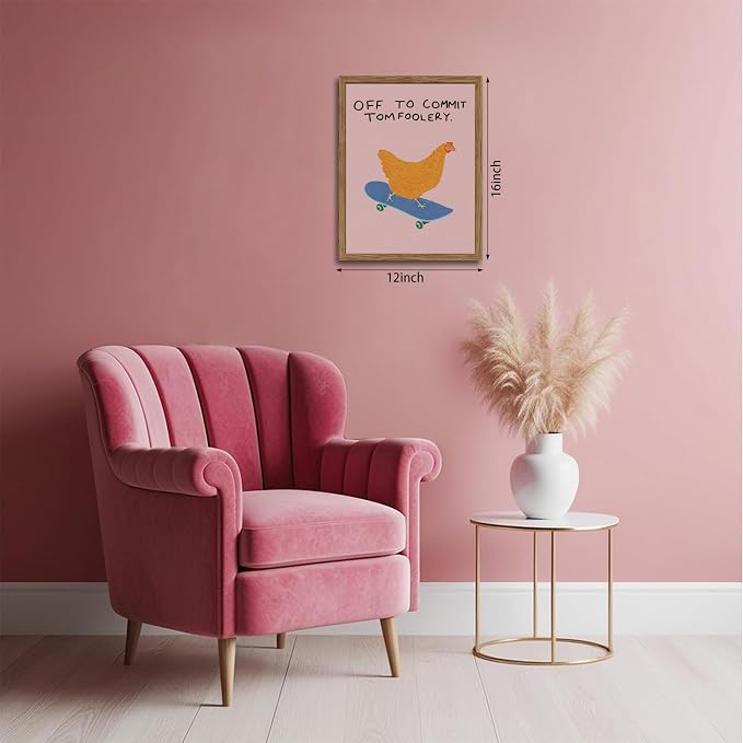 Framed Off to Commit Tomfoolery Wall Art, Vintage Fun Chicken Canvas Print, Whimsical Chicken on Skateboard Picture Wall Decor, Humorous Animal Painting for Living Room Bedroom 12x16 inch