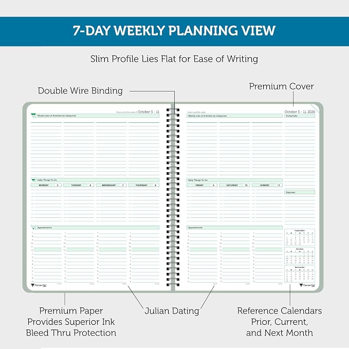 Planner Pad Spiral Bound 3-Tier Funnel Down 12 Month Organizer, October 2026 – September 2027, Greenish Grey Cover/Soft Green Ink, 8 1/2" x 11"
