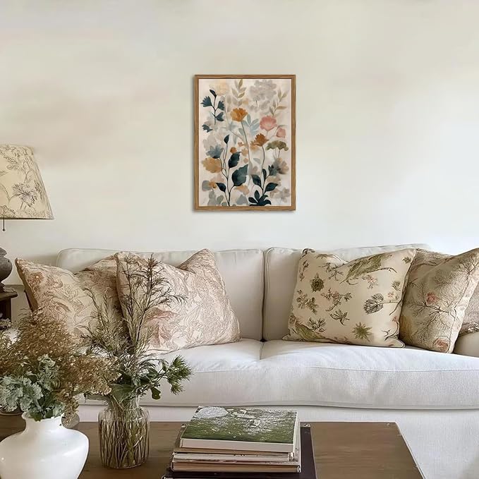 Framed Floral Bathroom Wall Art, Vintage Botanical Wall Decor Pictures, Watercolor Wildflower Canvas Prints Paintings Neutral Antique Flower Plant Home Decor for Living Room Bedroom 12x16 Inch