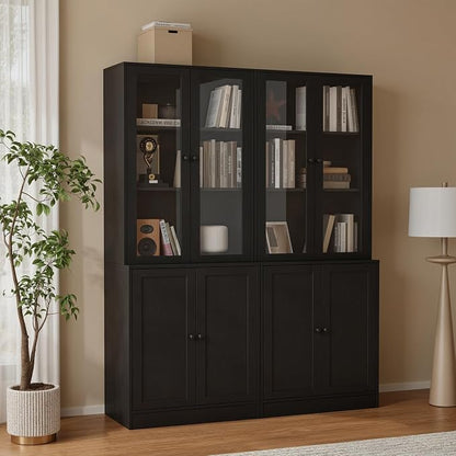 TUSY 71'' Bookshelf with Doors - 5 Tier Freestanding Tall Bookcase, Modern Storage Cabinet for Home Office, Curio Cabinets with Glass Door for Living Room, Bedroom (2, Black)