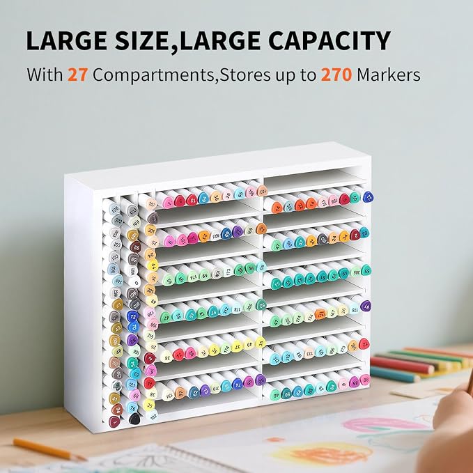 AUTOARK Wooden Marker Storage Organizer,White,AHK-066 | Holds 270 Markers,Pens,Pencils & Art Supplies,Vertical Space-Saving Desk Storage