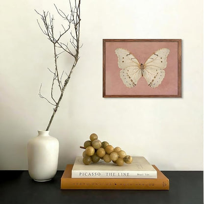 Vintage Butterfly Canvas Wall Art, Pink Butterfly Wall Decor Pictures, Antique White Moth Prints Paintings Neutral Insect Room Decor Aesthetic for Bedroom Bathroom Office 12x16 Inch Wood Frame
