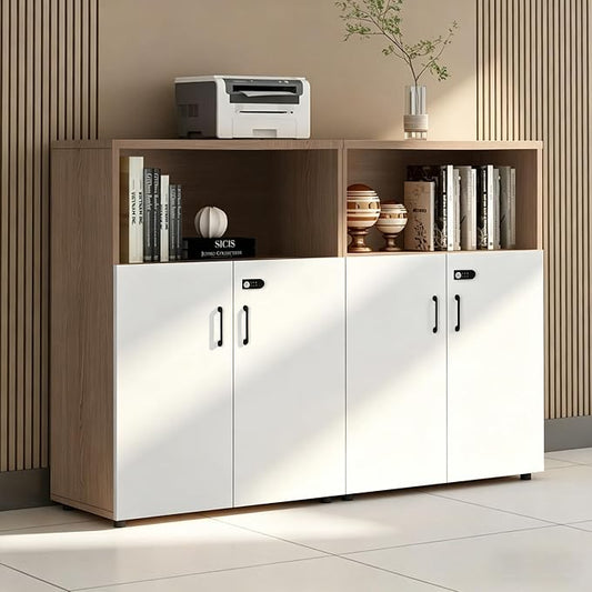 File Cabinet with Password Lock, Wood Lateral Filing Cabinet for Letter/A4 Files, 3 Drawer with Door, Printer Stand with Open Shelves for Home Office