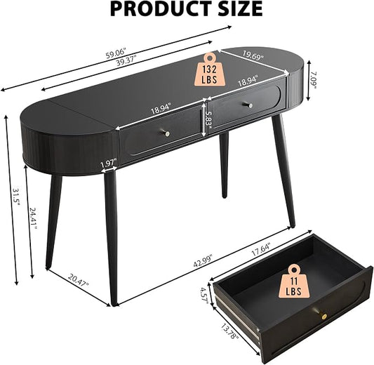 59" Black Home Office Desk, Multiple Storage Wood Writing Desk, MCM Elegant Fluted Table Desk with 2 Flip Hide Storage + 2 Drawer for Apartment (Black)