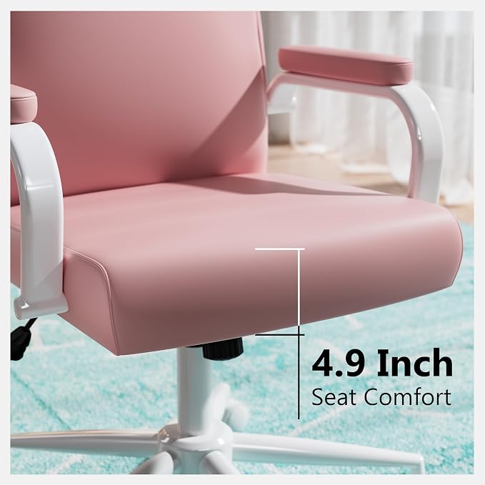 GXJ Pink Desk Chair, High Back Leather Executive Office Chair for Girl and Women, Adjustable Height Computer Desk Chairs with Wheels and Arms