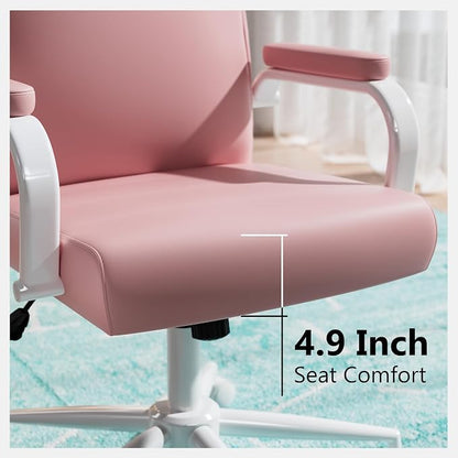 GXJ Pink Desk Chair, High Back Leather Executive Office Chair for Girl and Women, Adjustable Height Computer Desk Chairs with Wheels and Arms
