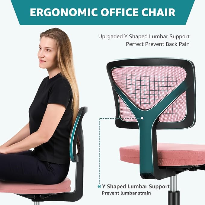 OLIXIS Armless Office Chair, Ergonomic Desk Chair with Wheels, Mesh Back, Removable Washable Foam Cushion, Height Adjustable Rolling Swivel Chairs for Small Space, Home, Office, Pink