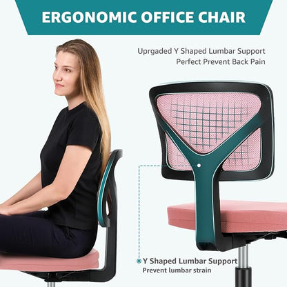 OLIXIS Armless Office Chair, Ergonomic Desk Chair with Wheels, Mesh Back, Removable Washable Foam Cushion, Height Adjustable Rolling Swivel Chairs for Small Space, Home, Office, Pink