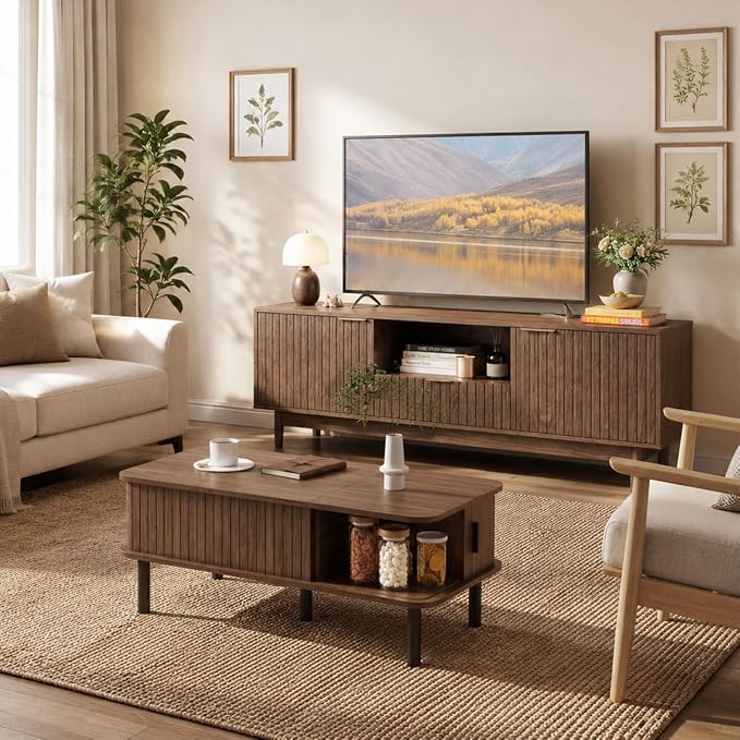 TV Stand and Coffee Table Set of 2, Mid Century Modern Lift Top Coffee Table, TV Console Table Living Room Table Sets for Living Room, Bedroom, Home Office, Walnut