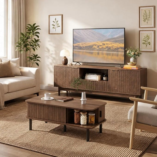 TV Stand and Coffee Table Set of 2, Mid Century Modern Lift Top Coffee Table, TV Console Table Living Room Table Sets for Living Room, Bedroom, Home Office, Walnut