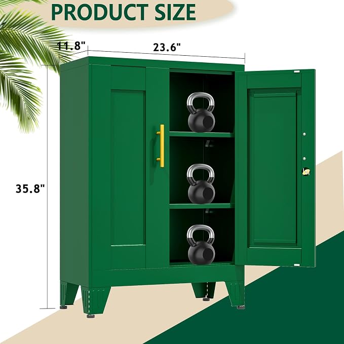 winiowa Tall Metal Storage Cabinet with Lock, Locking File Cabinet with 2 Doors and 2 Adjustable Shelves, Green Lockable Organizer for Home Office Garage（23.6" W）