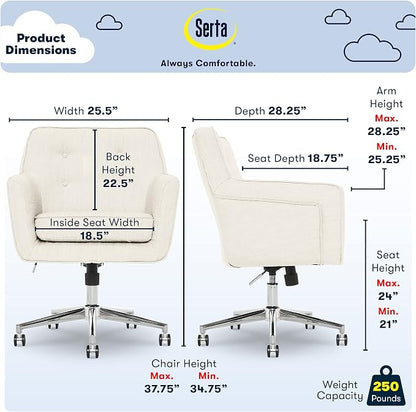 Serta Ashland Home Office Desk Chair with Button Tufted Mid-Back, Memory Foam Cushion and Padded Arms, Mid Century Modern Vanity Armchair with Wheels for Bedroom, Chrome Metal Base, Ivory