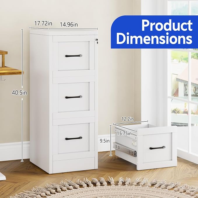Small Metal 3-Drawer File Cabinet, Under-Desk Filing Cabinet, White | Locking, Adjustable Hanging Rail, Fit A4, FC, Letter, Hanging File Folders for Home Office Storage Organization, 1PS