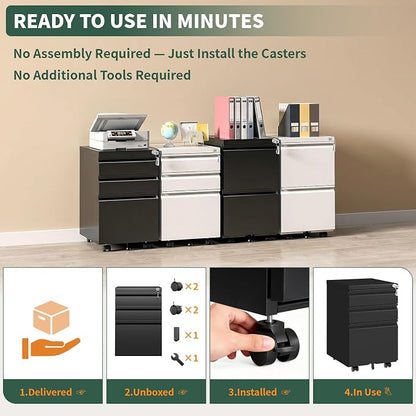 2 Drawer File Cabinet with Lock,Under Desk Filing Cabinet for Home Office Storage Letter/Legal/A4,Mobile Steel Cabinets with Wheels,Fully Assembled,White