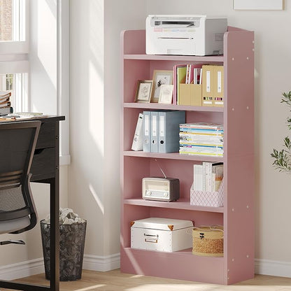 ALISENED 5-Tier Bookcase, Open Bookshelves and Bookcases with Storage Shelves, Floor Standing Unit, Display Storage Shelves for Bedroom Library Living Room Home Office, Pink