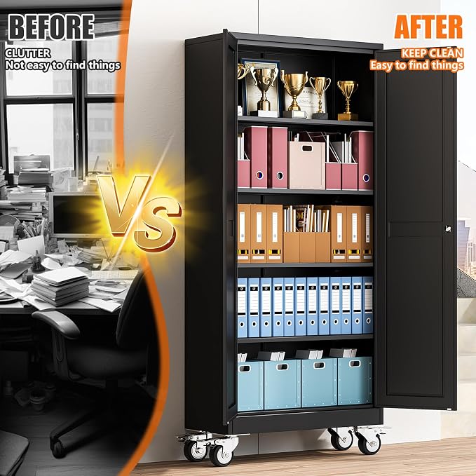 pozdeg 71" Metal Garage Storage Cabinets with Wheels, Lockable Rolling File Cabinets with 2 Doors and 4 Adjustable Shelves, Steel Tool Organizer Locker for Office Home Garage Gym School, Black