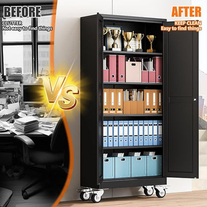 pozdeg 71" Metal Garage Storage Cabinets with Wheels, Lockable Rolling File Cabinets with 2 Doors and 4 Adjustable Shelves, Steel Tool Organizer Locker for Office Home Garage Gym School, Black