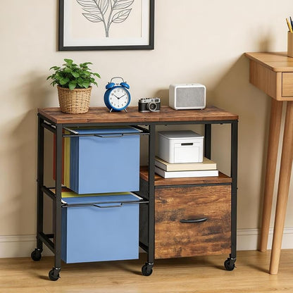 MAHANCRIS Rolling File Cabinet with Printer Stand, Mobile Lateral Filing Cabinet for Home Office, Office Storage Cart with Fabric Drawer & Hanging File Racks, Rustic Brown FCHR6001