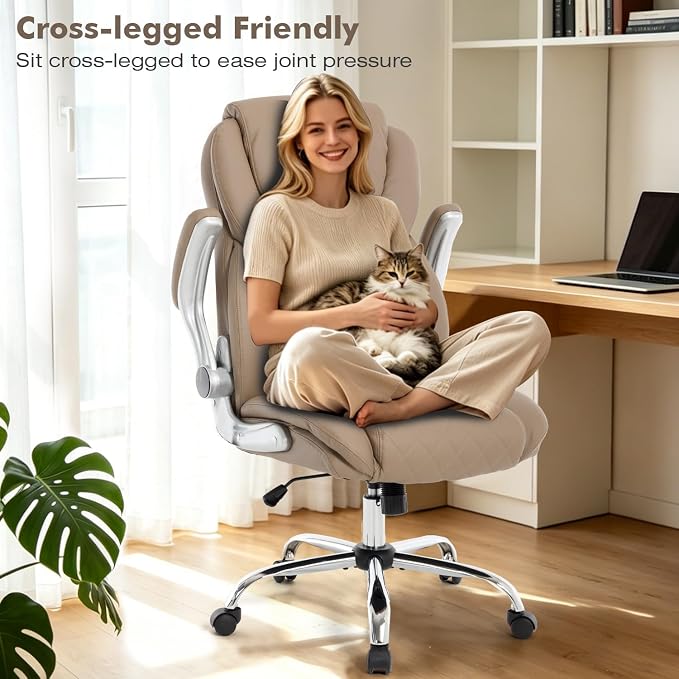 Leather Executive Office Chair, Big and Tall High Back Ergonomic Desk Chairs with Wheels, 90-120° Rocking Managerial Home Computer Chairs with Flip up Arms and Lumbar Support, Light Brown