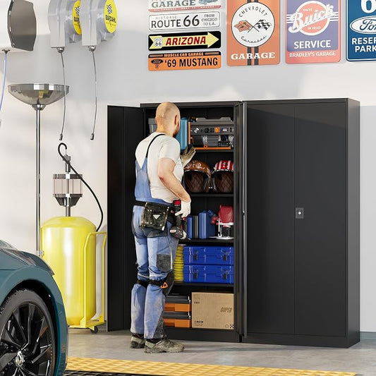 Metal Garage Cabinets with Lock, 72" H Garage Storage Cabinet with 2 Doors and 4 Adjustable Shelves, Steel Locking Caninet Tall Tool Storage Cabinets, Lockable File Cabnet for Home Office