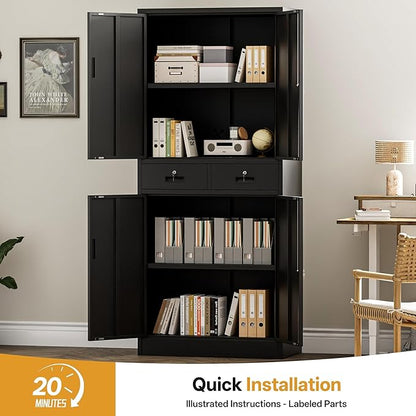 Metal Storage Cabinet, 71" H Garage Cabinet with 2 Locking Drawers and 2 Adjustable Shelves, Black Tool Cabinet, Tall Storage Cabinet for Home, Office, Gym, School