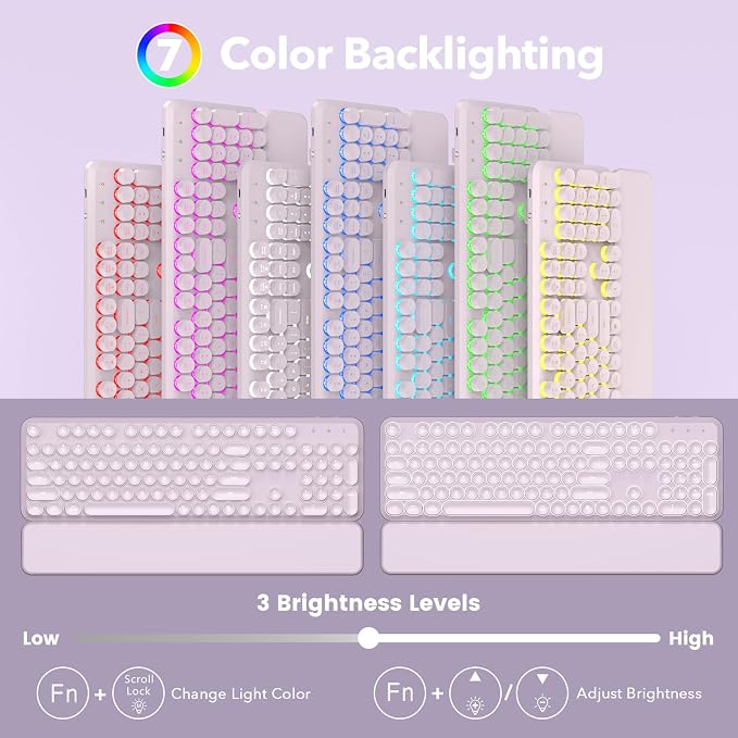 Wireless Keyboard and Mouse Combo, Backlit Round Keycaps, Retro Typewriter Keyboard with Magnetic Wrist Rest, USB-C Rechargeable & Tilt Legs, 2.4GHz Cordless for Mac Windows PC (Glowing Pastel Purple)