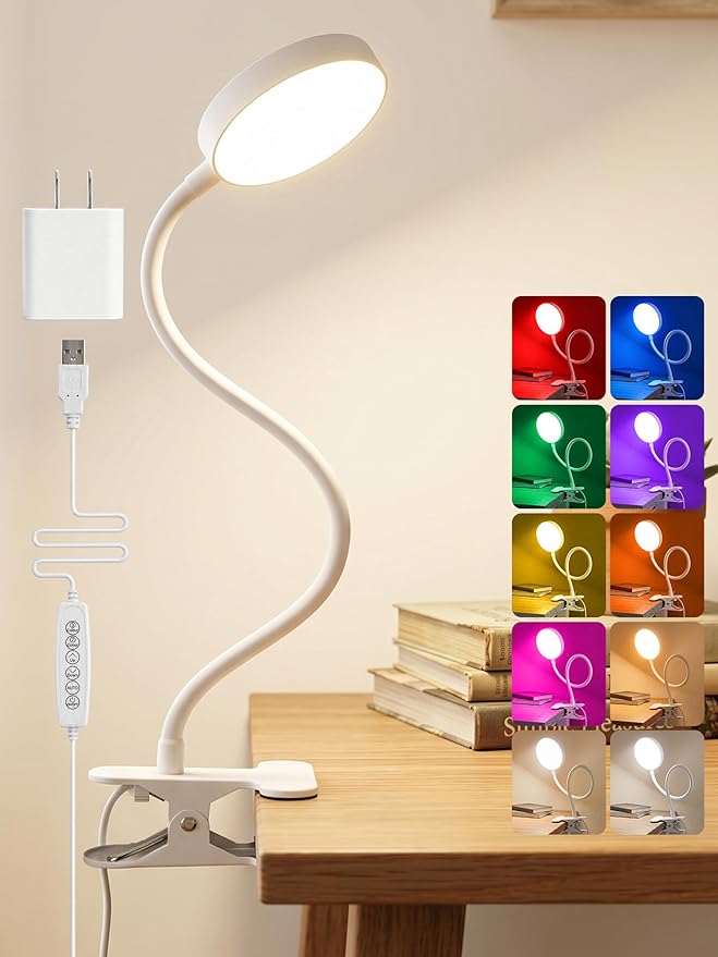 Clip on Lamp,10 RGB Colors+10 Brightness Clamp Light, 500 Lumen Bright Desk Lamp with Clamp, 72 LED Desk Light with USB Adapter, Clip on Reading Light for Bed/Headboard/Bedside Table/Bedroom/Dorm