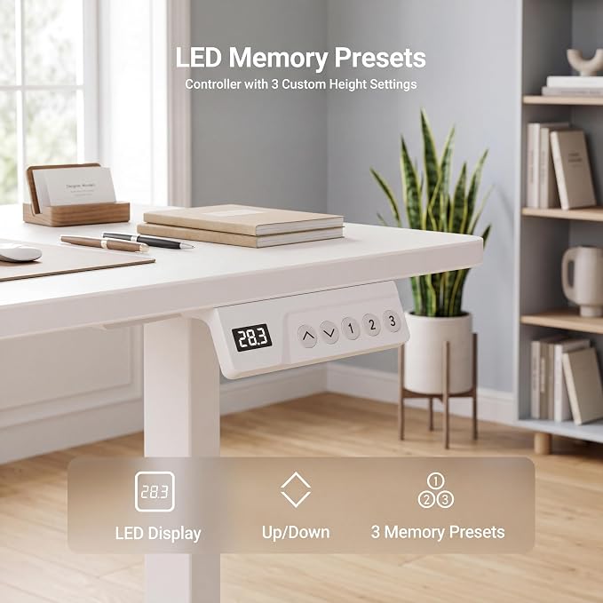Claiks Electric Standing Desk 35 x 20 Inches, Compact Adjustable Height Motorized Sit Stand Desk with 3 Memory Presets & Cable Management, Space-Saving Computer Workstation for Bedroom, White