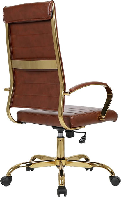 LeisureMod Modern High-Back Leather Office Chair - Swivel & Adjustable Executive Desk Chair with Gold Frame, Ergonomic Design for Home & Office (Brown, Single)