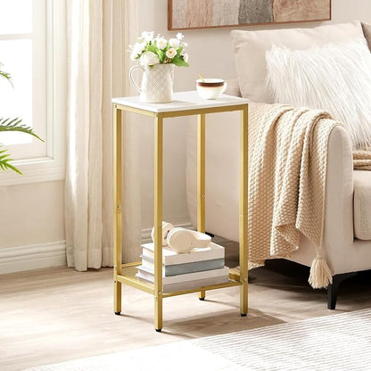 HOOBRO Tall Side Table, Industrial End Telephone Table with Adjustable Mesh Shelves, Small Tall Nightstand for Living Room, Bedroom, Entryway, Office, White and Gold DW03DH01
