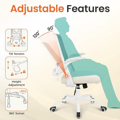 NEO CHAIR Office Chair Computer Desk Chair Ergonomic Gaming Comfy Mesh with Flip-up Arms Lumbar Support Adjustable Height Rolling Wheels for Home Office (Ivory)