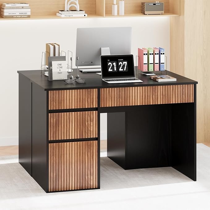 4 EVER WINNER Computer Desk with Drawers, 48 Inch Fluted Small Desk with Storage for Small Spaces, Wood Home Office Desk for Study, Living Room, Bedroom, Black